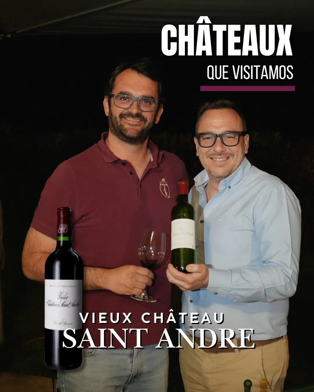 Selfie sonriente de Pablo Teipro con un acompañante en la impresionante sala de barricas simétrica de Château Lynch-Bages