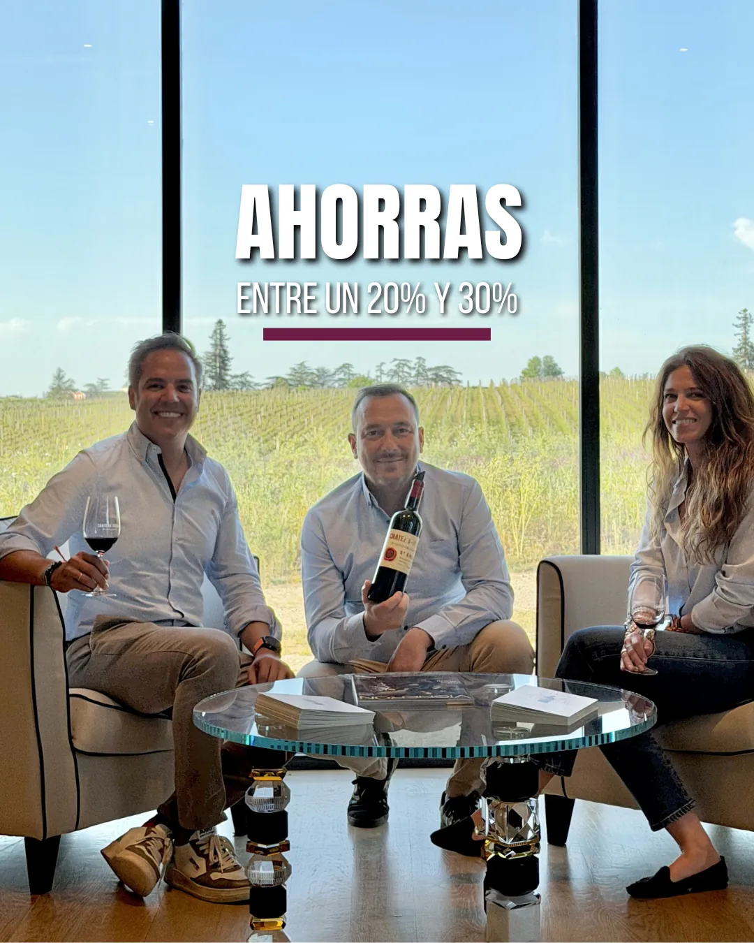 Composición de fotos grupales con profesionales del sector y el texto explicativo Négociant, el puente entre los châteaux y el mercado global