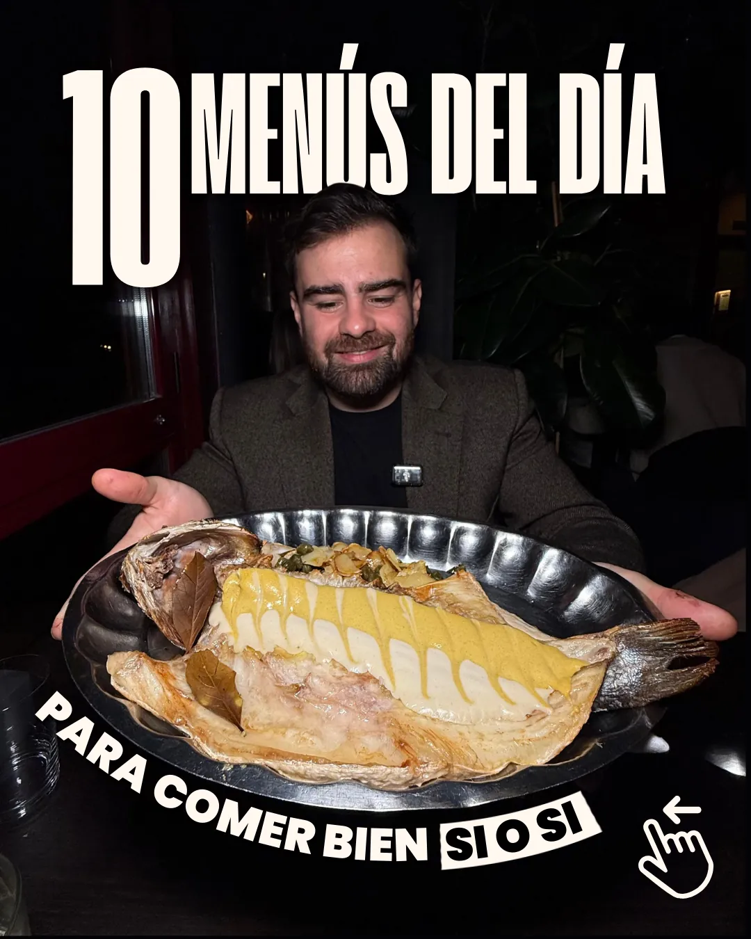 Diapositiva de portada del carrusel para Kino Jerez con una maquetación tipográfica elegante enfocada en menús del día gastronómicos.