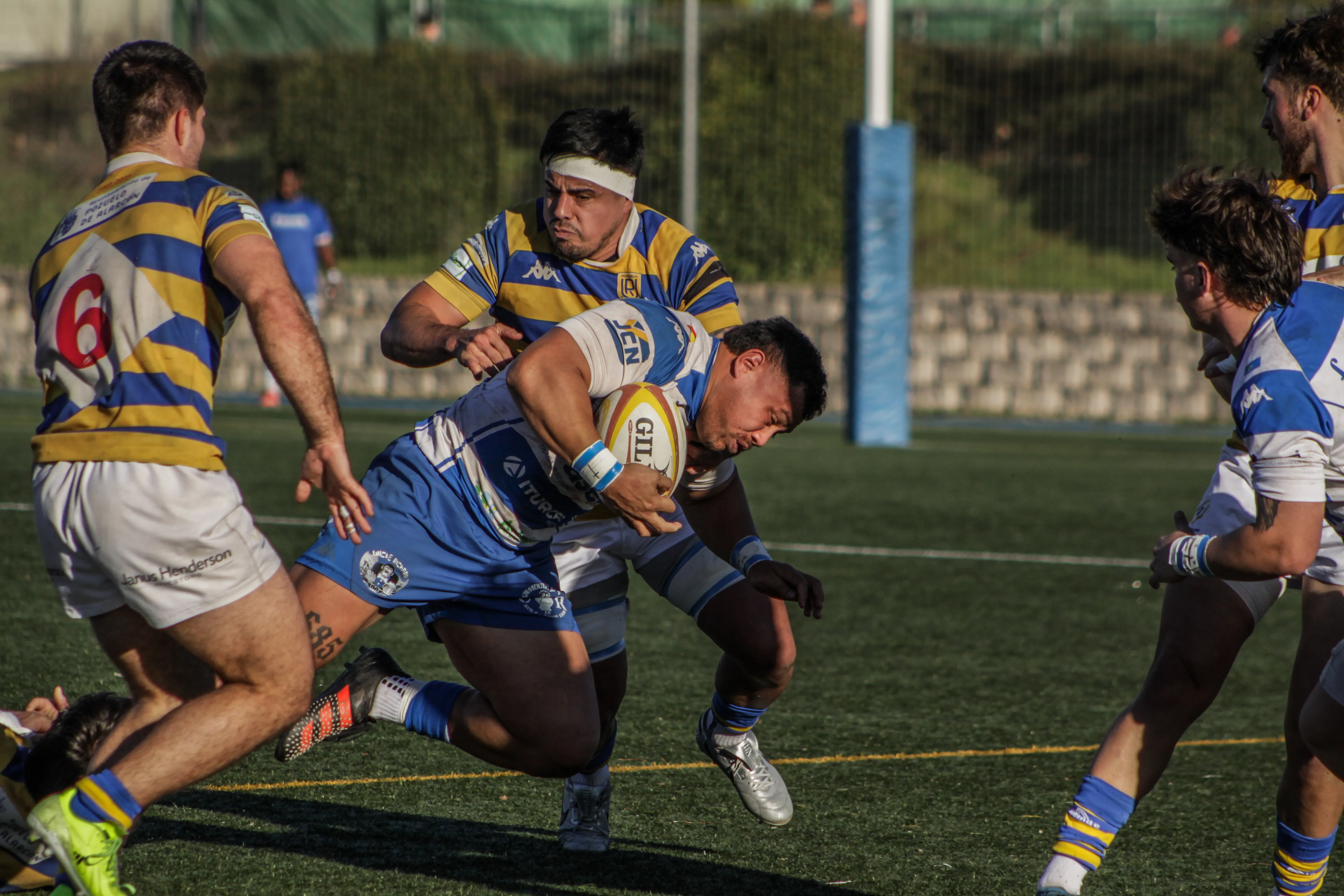 Jugador entrando al contacto durante una acción ofensiva en un partido de rugby.
