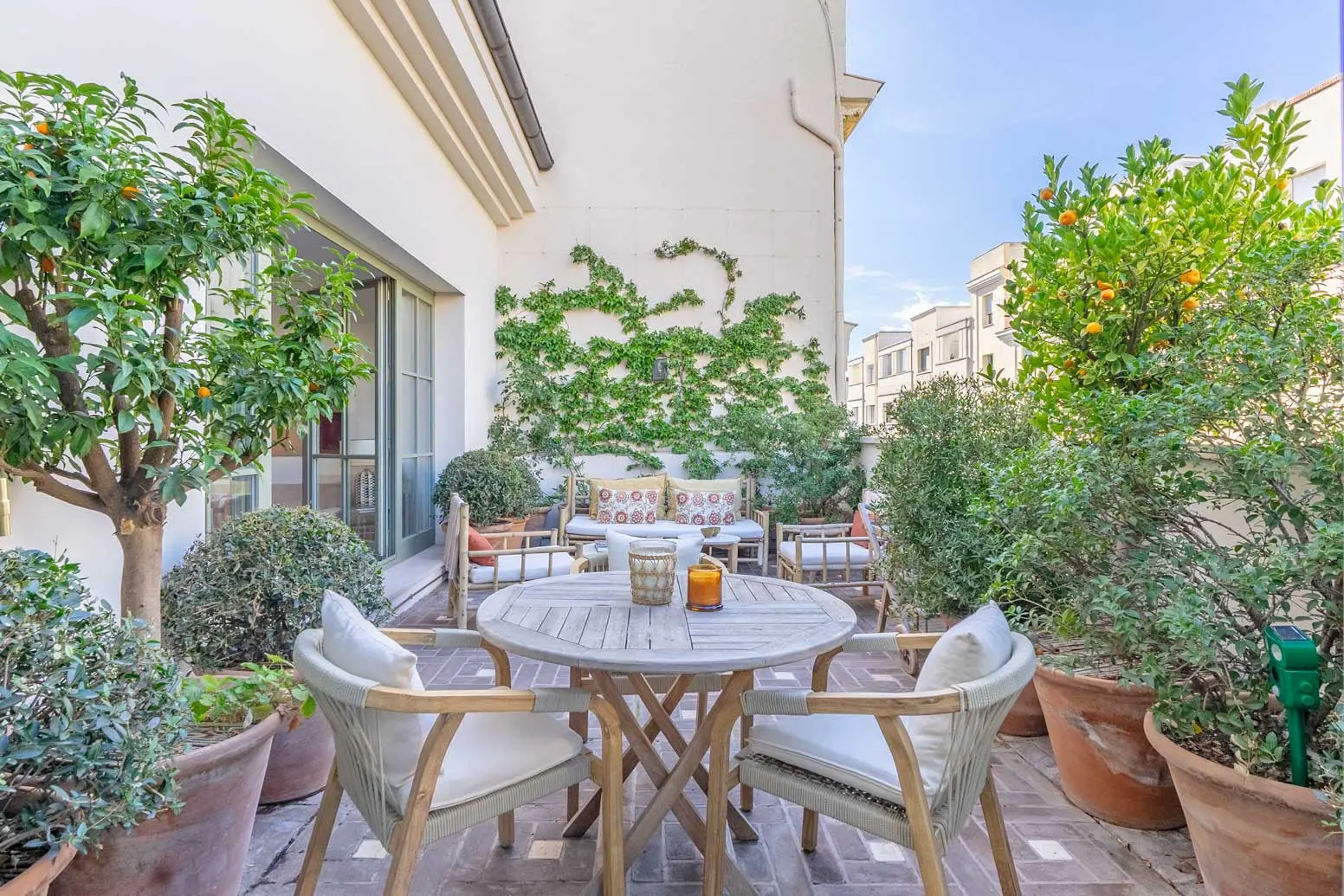 Amplia terraza soleada de un ático decorada con macetas de árboles frutales como limoneros, plantas verdes y una mesa de madera de exterior.