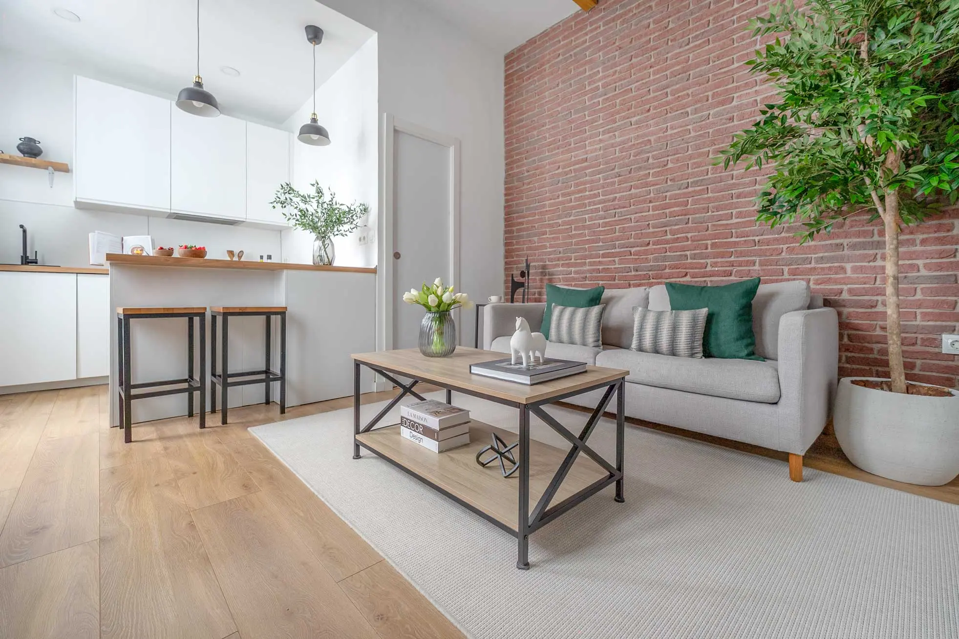Vista angular del salón hacia la cocina abierta que muestra la amplitud y la cuidada distribución del apartamento loft