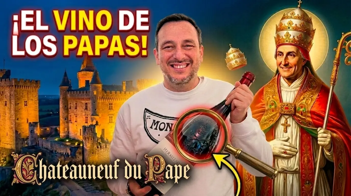 Fotograma del vídeo con grafismos integrados sobre la región vinícola de Châteauneuf-du-Pape y su icónica botella.