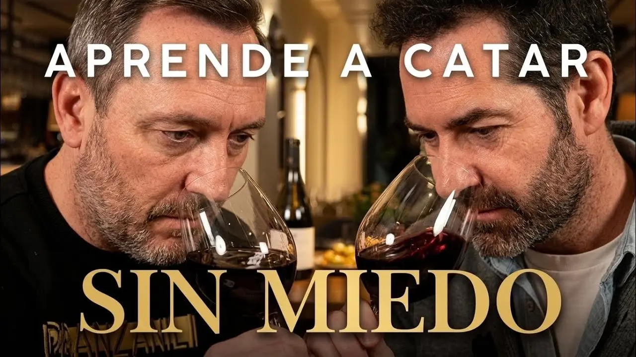 Fotograma del vídeo donde se muestra el análisis visual y el color de una copa de vino durante una cata guiada.
