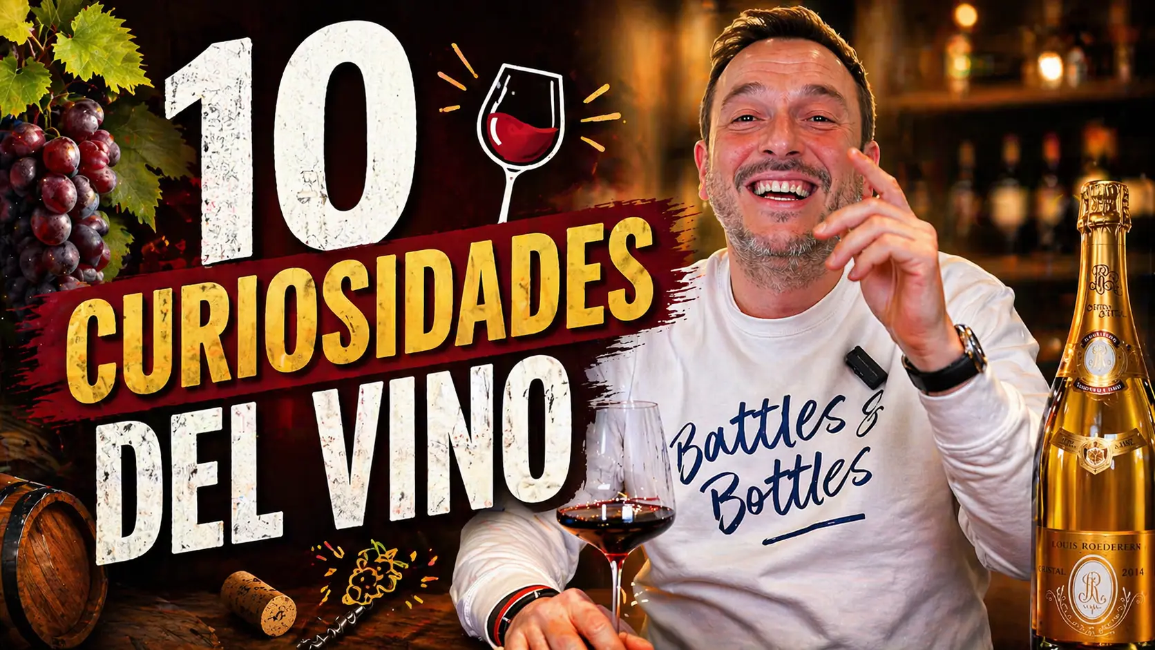 Fotograma dinámico del vídeo donde se muestran elementos gráficos divertidos sobre datos sorprendentes e históricos del mundo del vino.